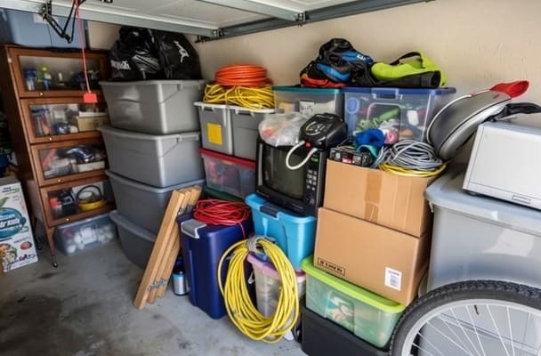 Boxes, totes, and old electronics gathered for cleanout