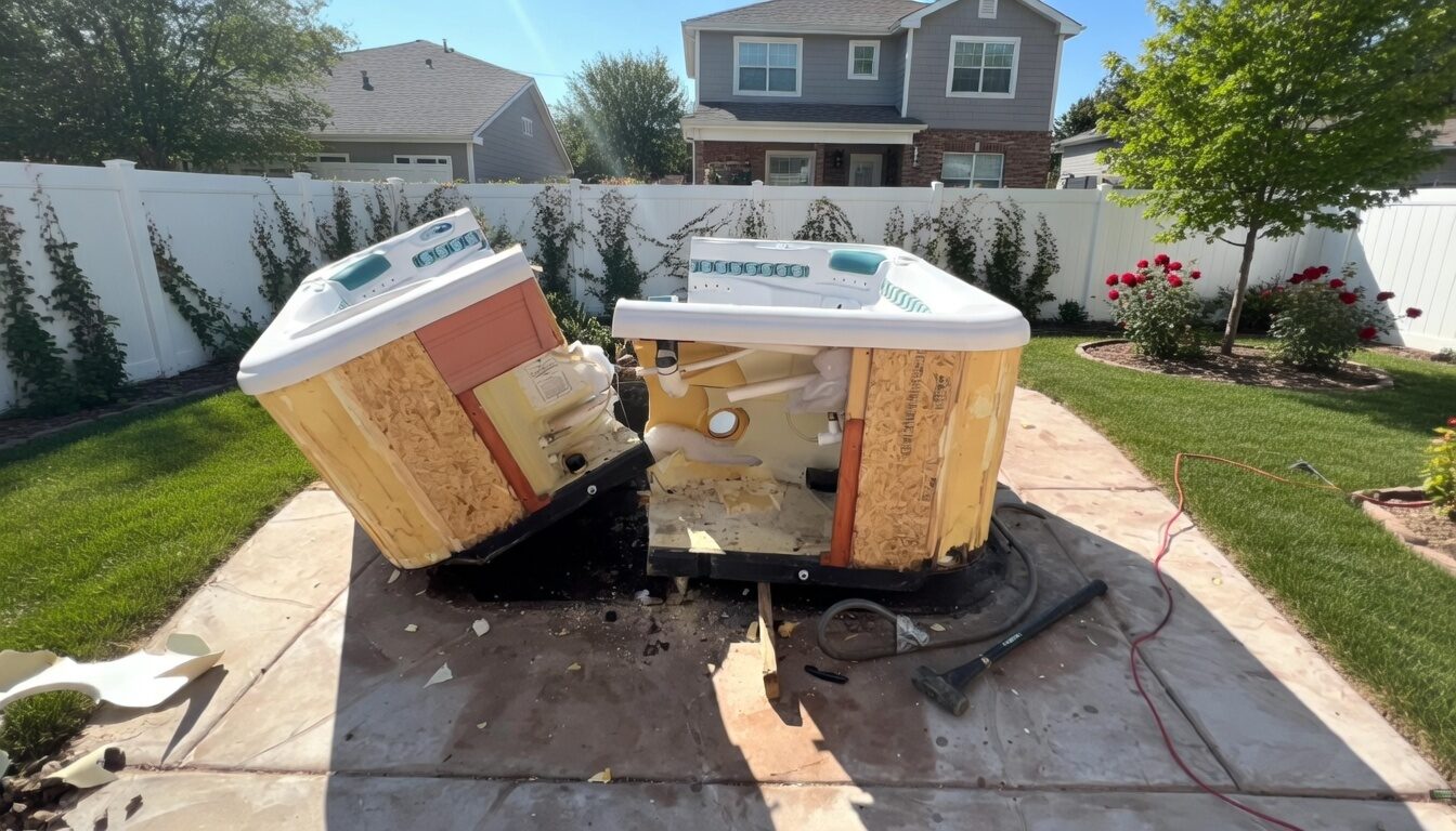 Old hot tub cut apart for removal